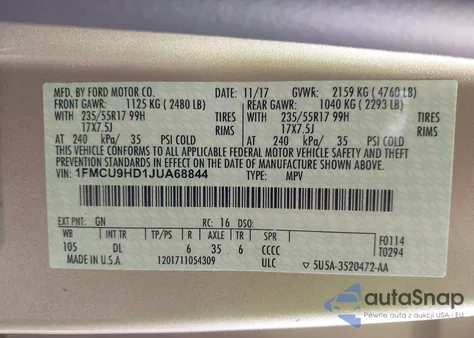 2018 Ford Escape Sel из США, поврежденный, VIN 1FMCU9HD1JUA68844